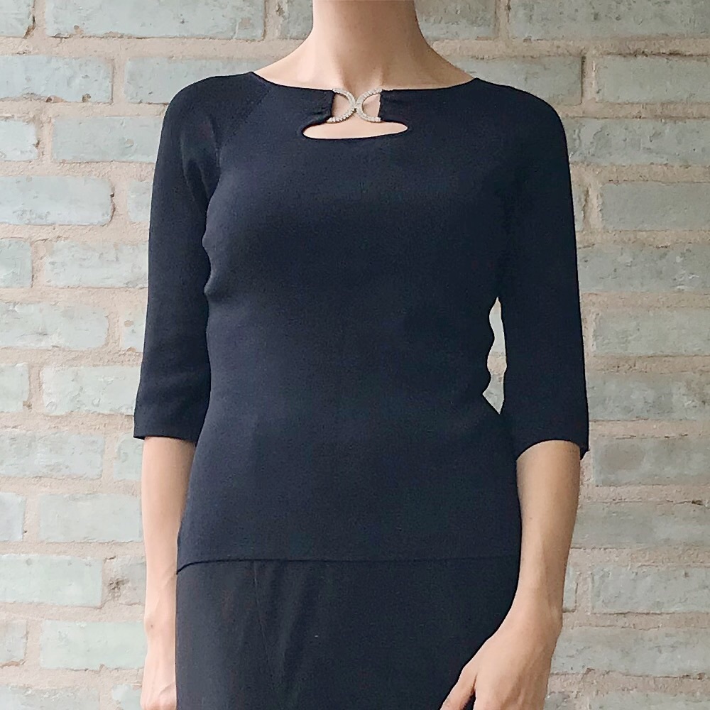 Vintage Top Joseph A. Black Diamond Bling Thin Knit Sweater 3/4 Split Sleeve M